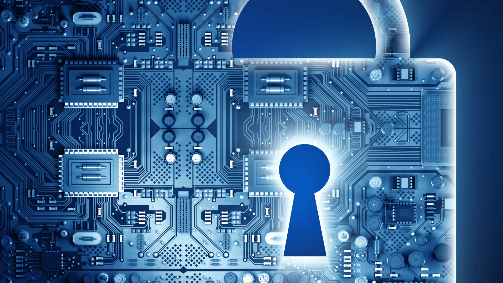 Cybersecurity and strategic security leadership visualization with keyhole and circuit board